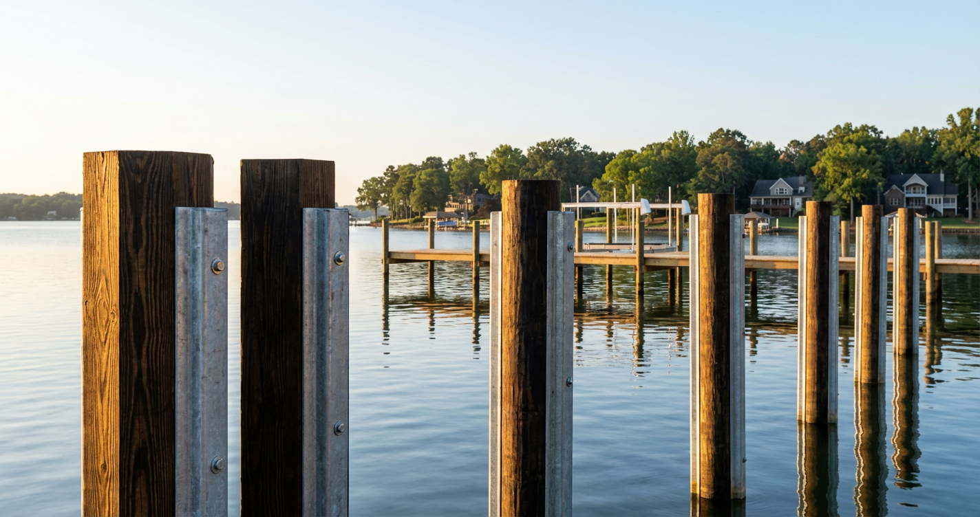 Newly installed wood and metal dock pilings in the water in Mooresville, NC