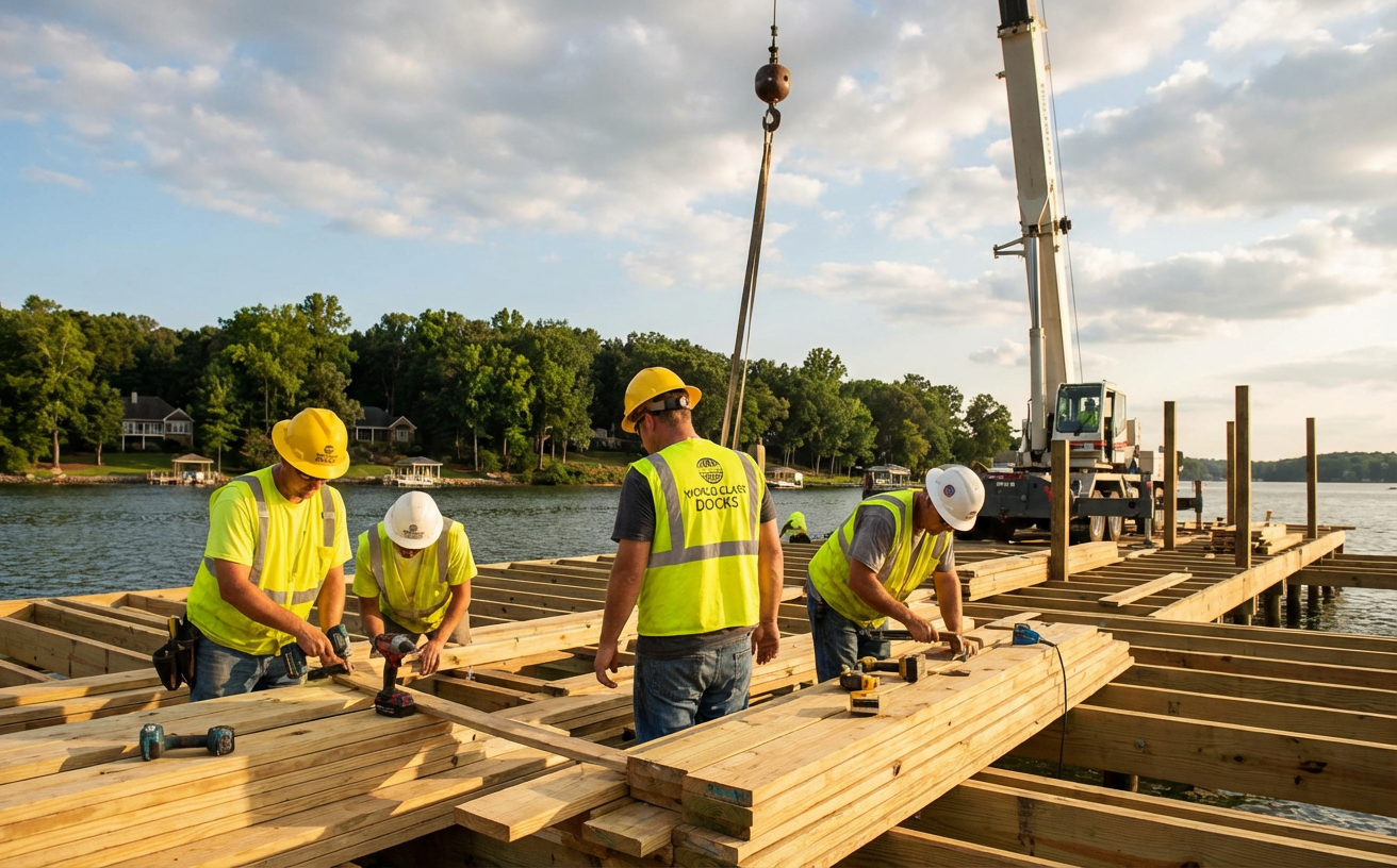 The World Class Docks team working on a dock project in Mooresville, NC
