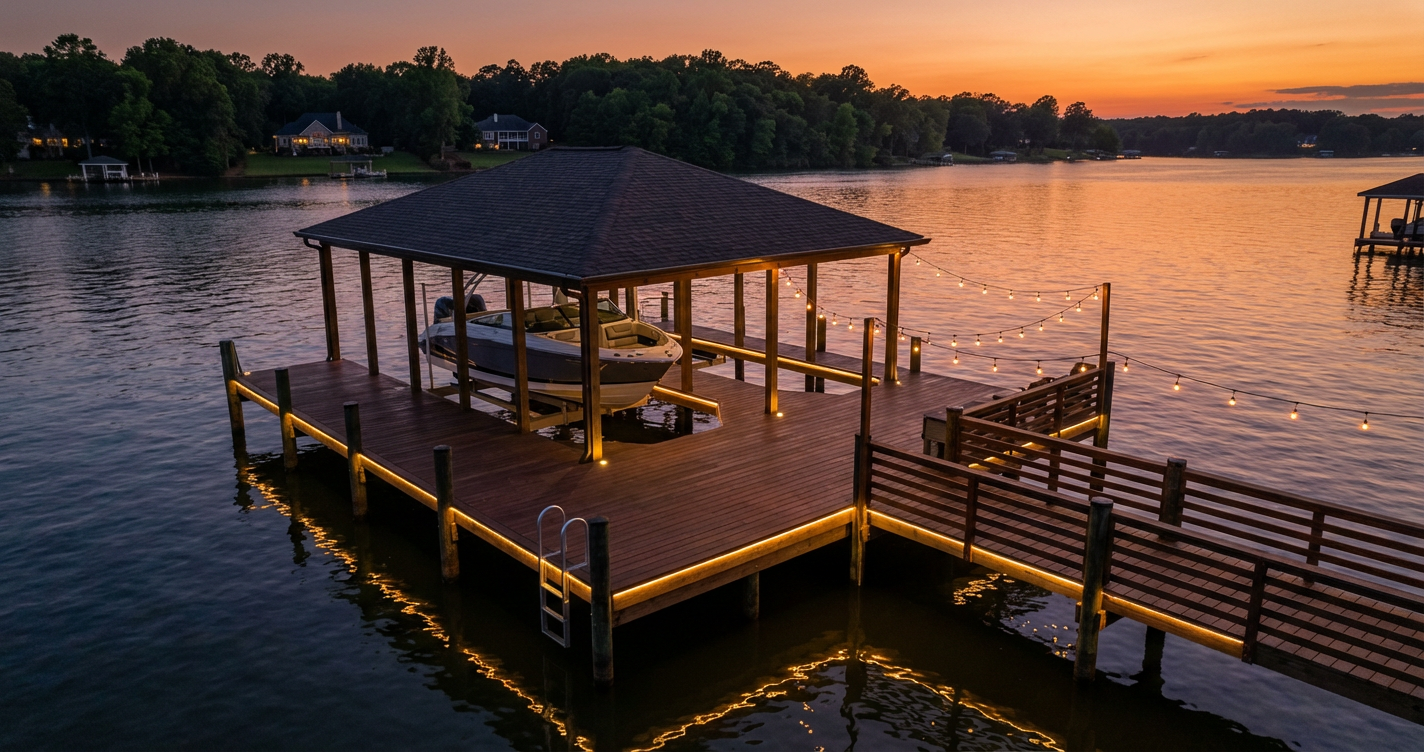 A beautifully lit boat dock at dusk with custom LED lights in Mooresville, NC
