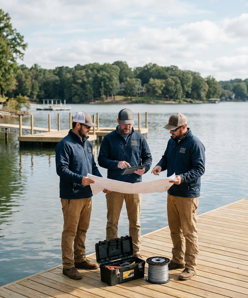 The World Class Docks team planning a dock light installation in Mooresville, NC