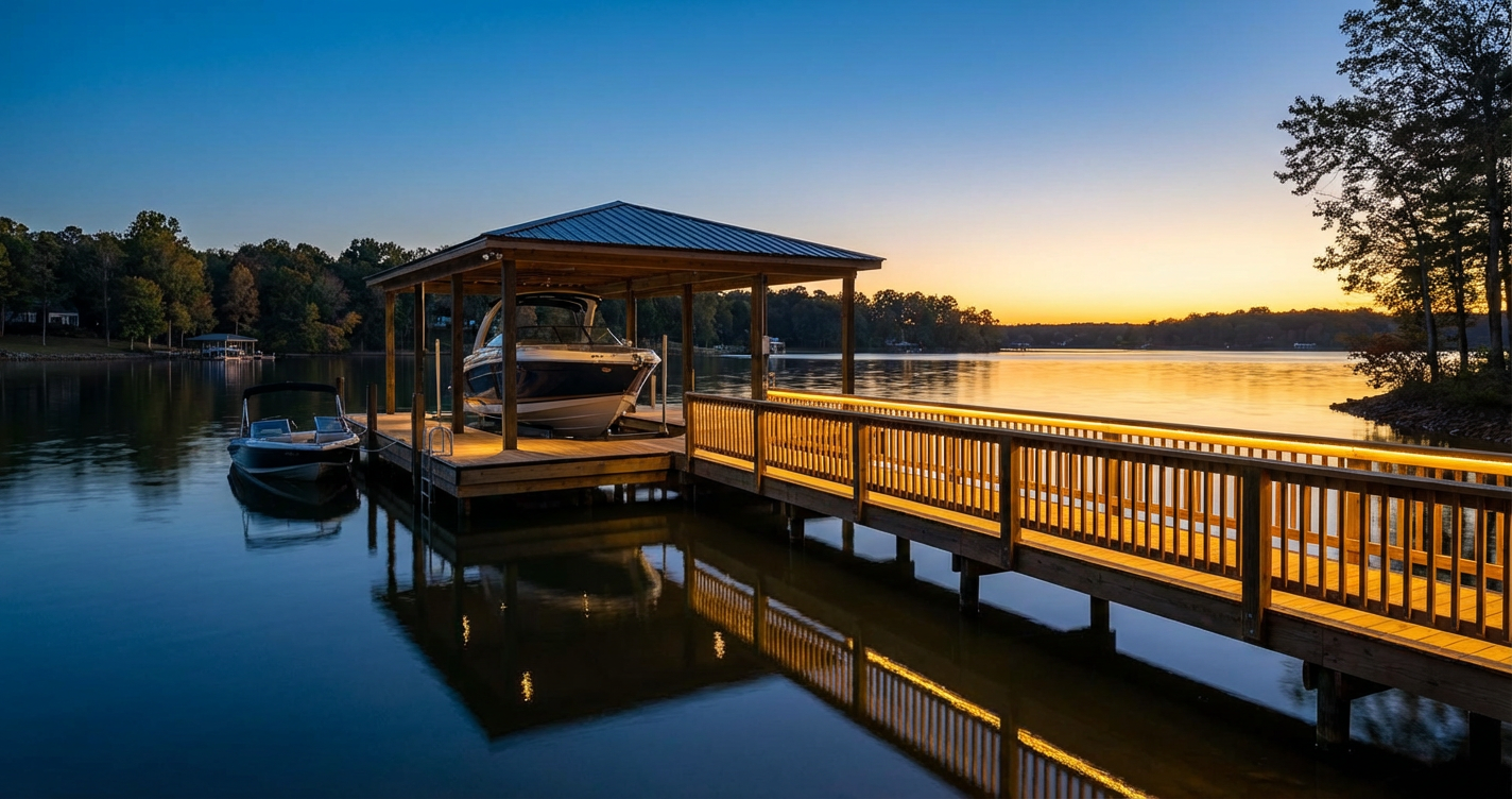 A beautifully lit boat dock with LED lights at dusk in Mooresville, NC