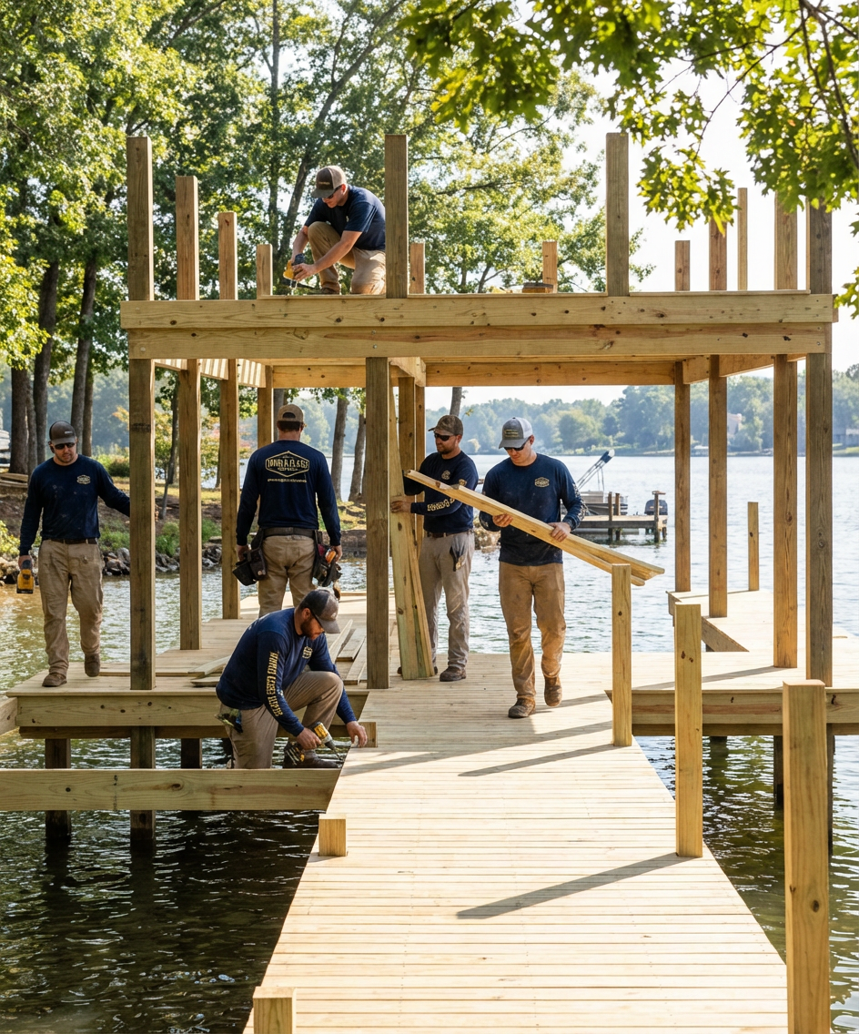 The World Class Docks team working on a dock installation in Mooresville, NC